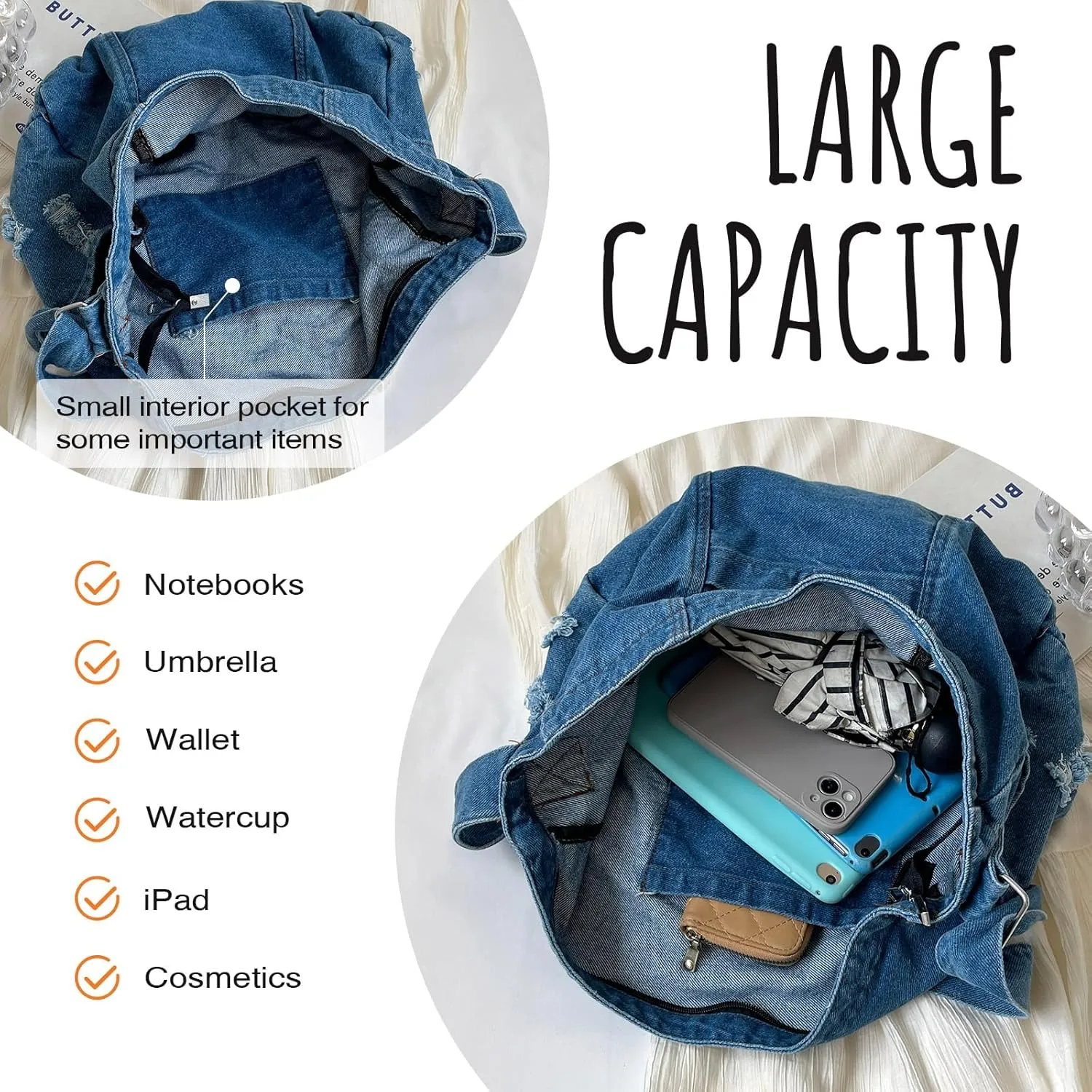 Denim Shoulder Bag for Women,Canvas Tote Messenger Bag with Zipper,Large Casual Crossbody Hobo Handbag Denim Purse