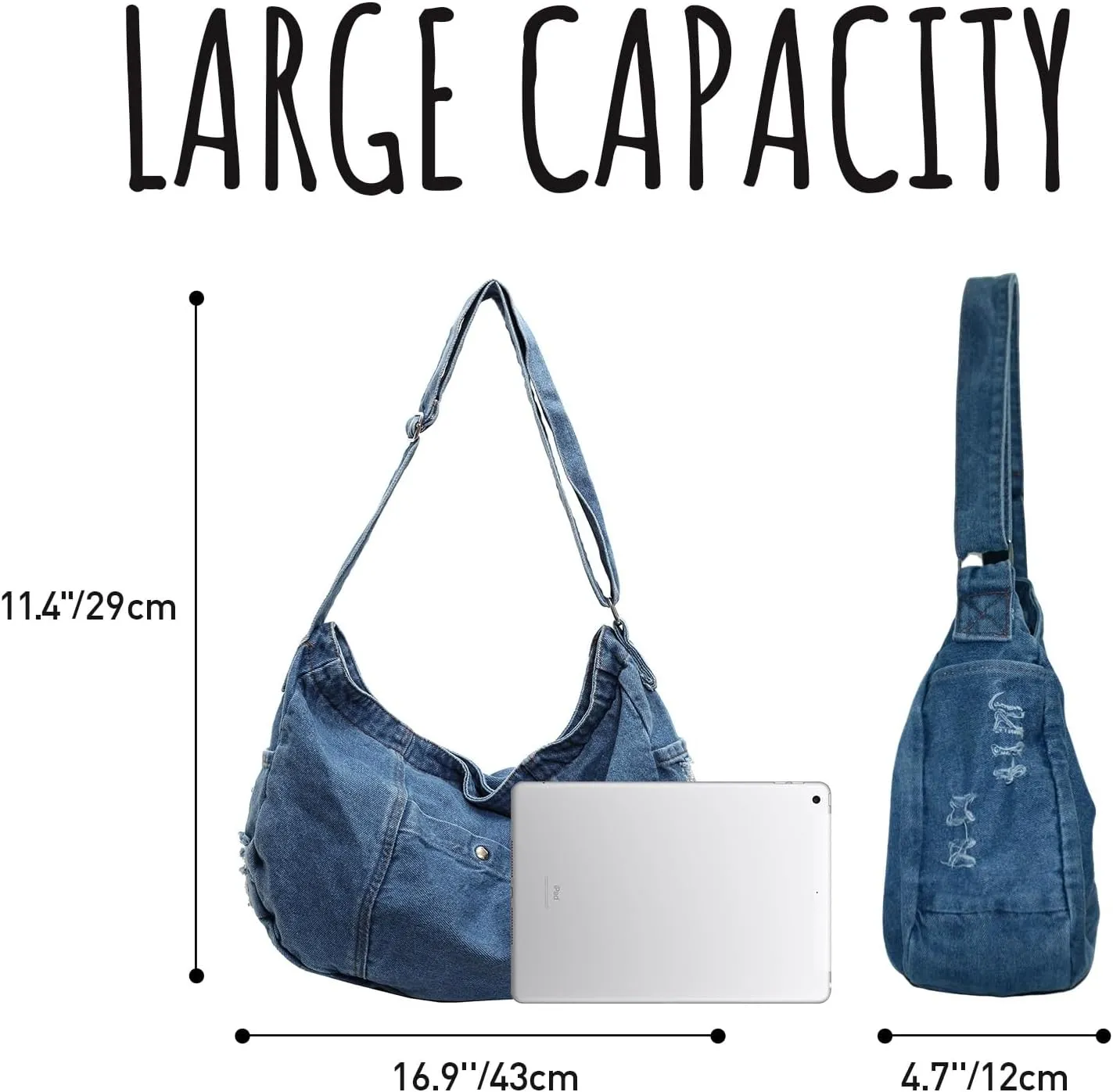 Denim Shoulder Bag for Women,Canvas Tote Messenger Bag with Zipper,Large Casual Crossbody Hobo Handbag Denim Purse