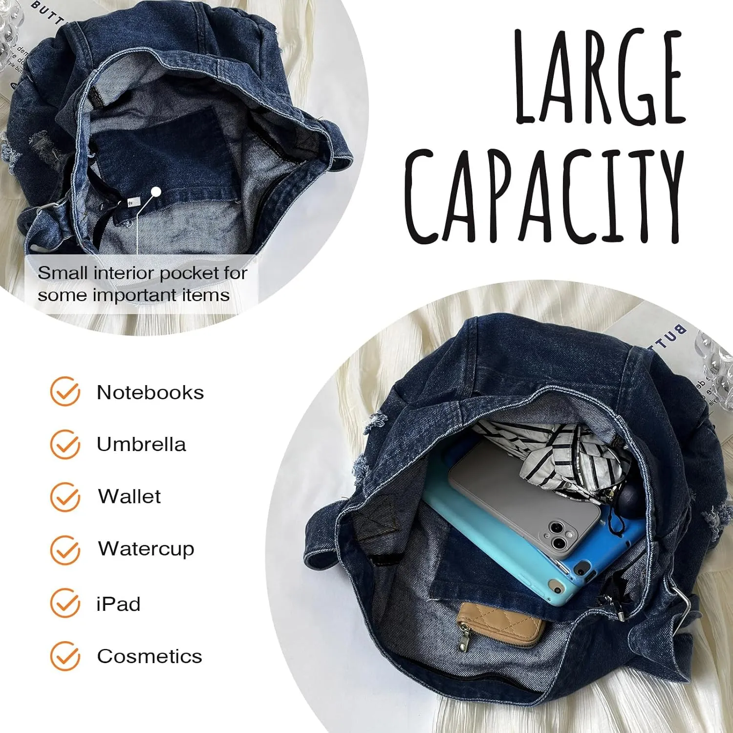 Denim Shoulder Bag for Women,Canvas Tote Messenger Bag with Zipper,Large Casual Crossbody Hobo Handbag Denim Purse