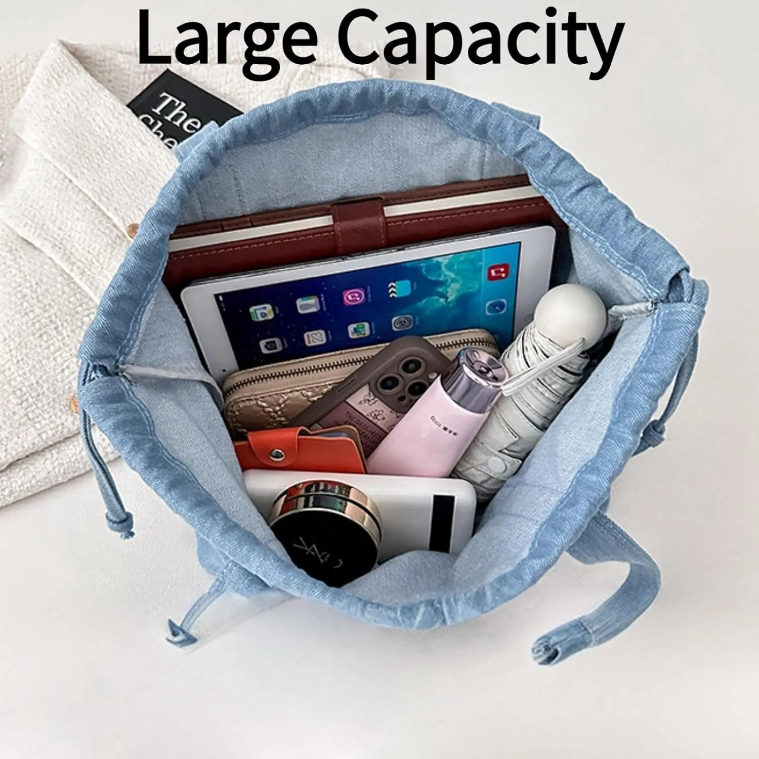 Denim Tote Bag Casual Large Handbag Shoulder Purse with Drawstring Work Travel Everyday Bag for Women