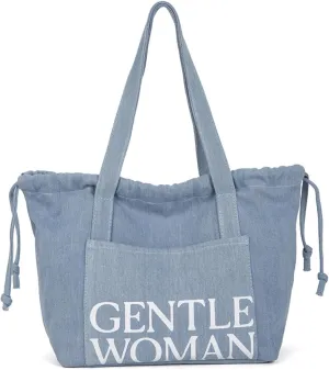 Denim Tote Bag Casual Large Handbag Shoulder Purse with Drawstring Work Travel Everyday Bag for Women