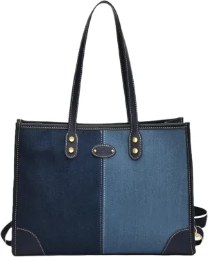 Denim Tote Bag for Women, Blue Jean and White, Top Handle, Collage Design