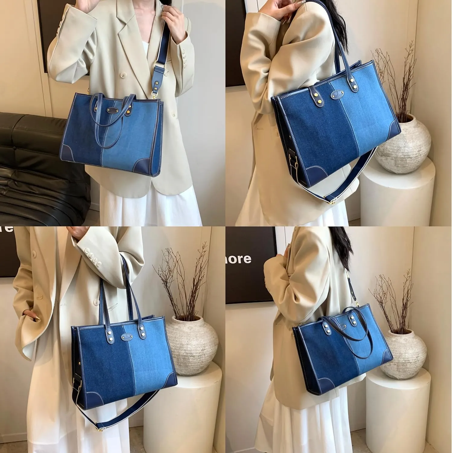 Denim Tote Bag for Women, Blue Jean and White, Top Handle, Collage Design