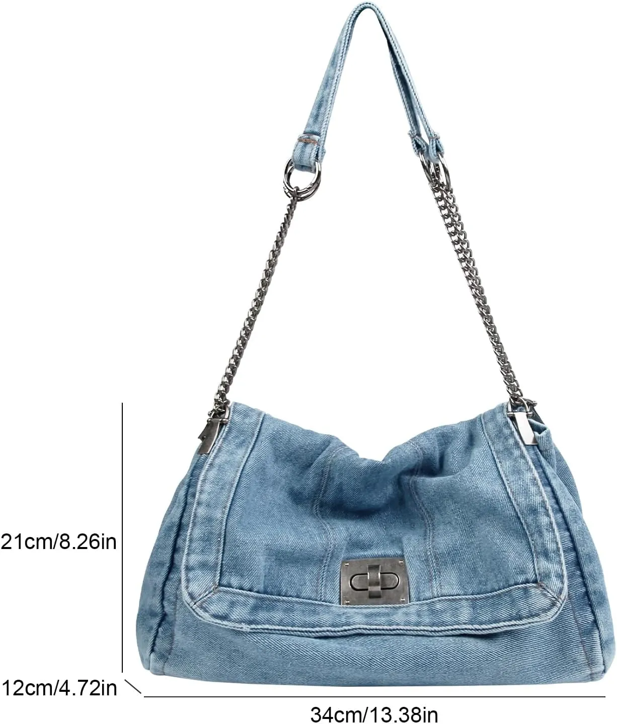 Denim Tote Bag for Women Fashion Adjustable Chain Shoulder Handbag Crossbody Bag Retro Zipper Hobo Purse