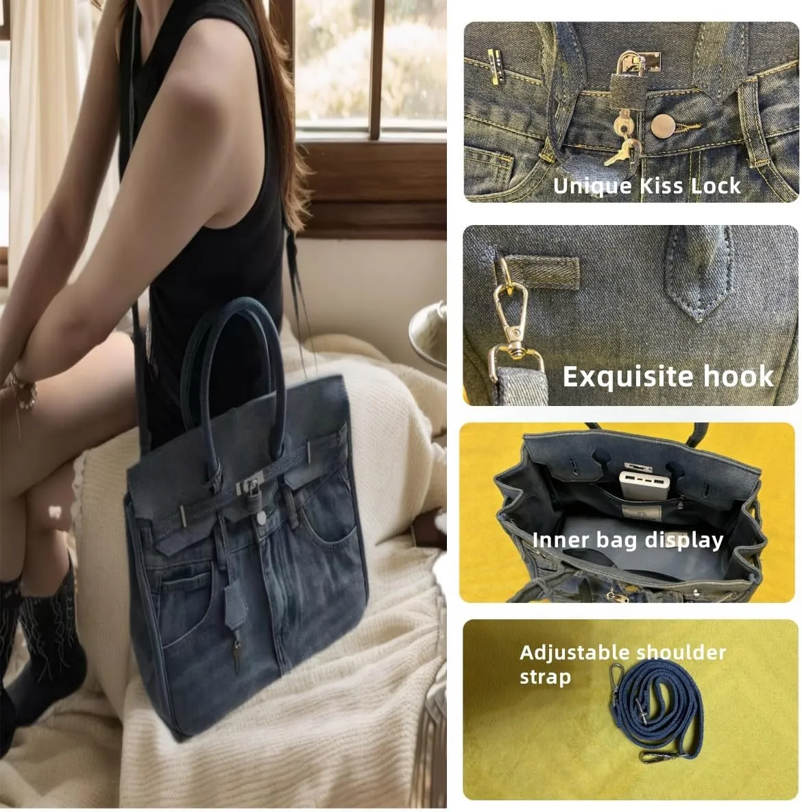 Denim Tote Bag for Women, Large Capacity Crossbody Bag, Casual Beach Purse Bag, Shoulder Bags for Work Travel Daily Matching