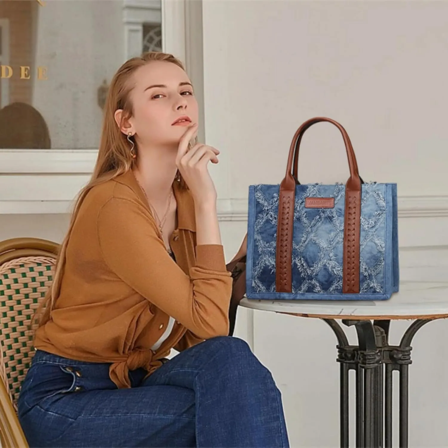 Denim Tote Bag for Women Top Handle Satchel Purse Boho Shoulder Handbags with Wristlet