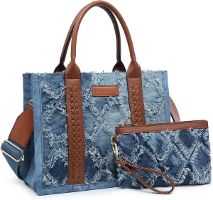 Denim Tote Bag for Women Top Handle Satchel Purse Boho Shoulder Handbags with Wristlet