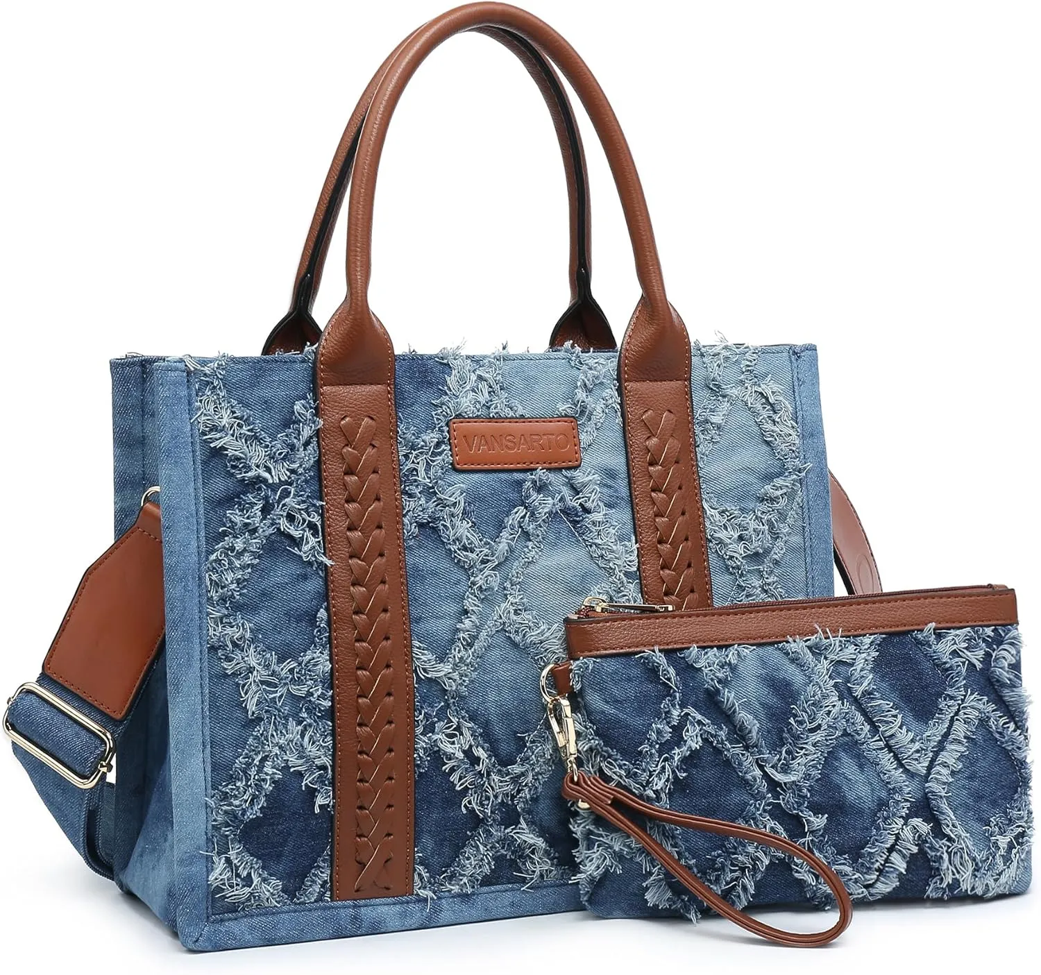 Denim Tote Bag for Women Top Handle Satchel Purse Boho Shoulder Handbags with Wristlet