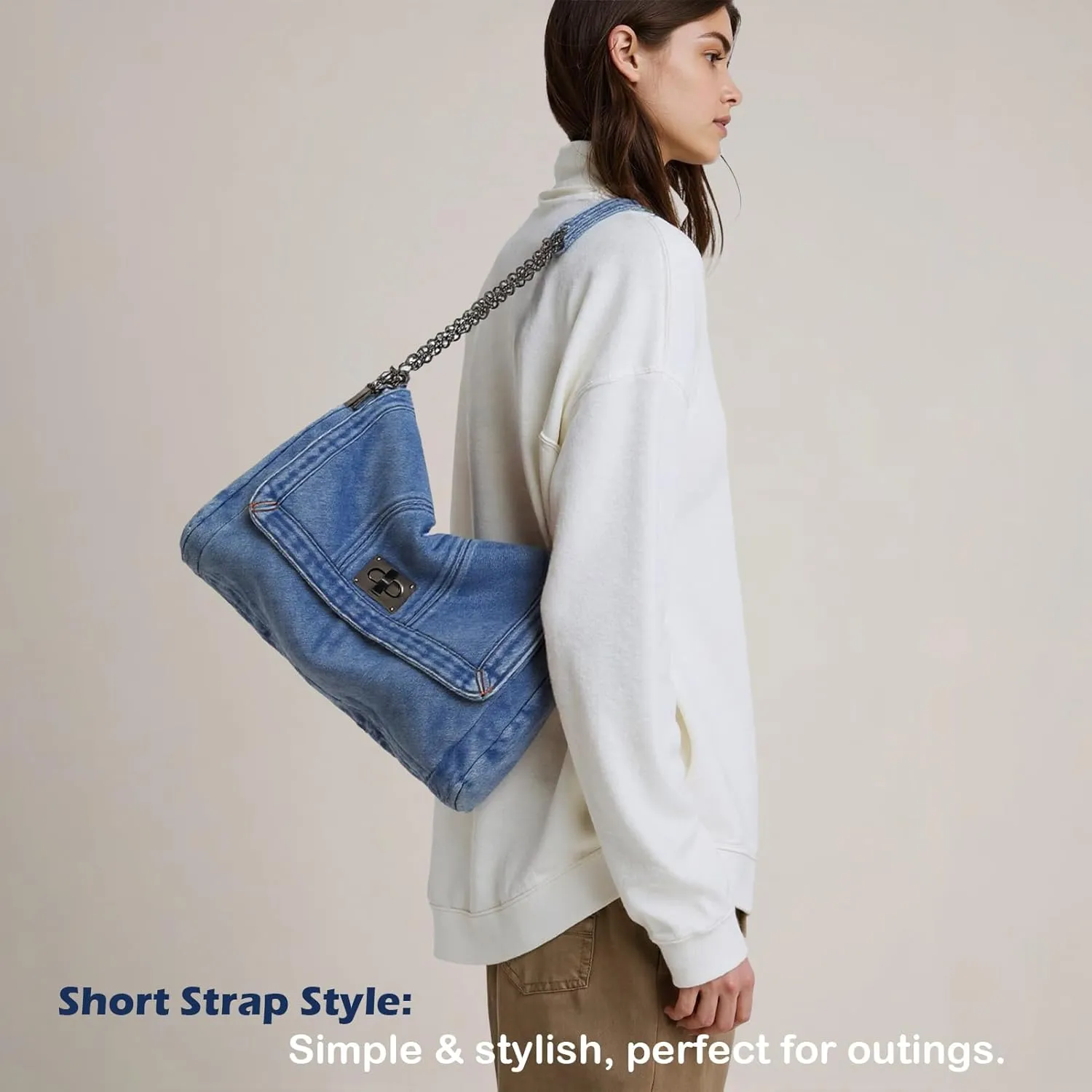 Denim Tote Bag for Women Vintage Hobo Purse Large Spacious Adjustable Retro Lock Closure Lightweight Denim Material