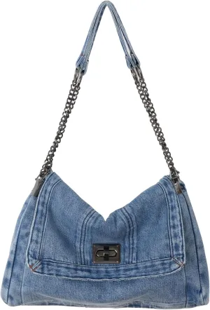 Denim Tote Bag for Women Vintage Hobo Purse Large Spacious Adjustable Retro Lock Closure Lightweight Denim Material