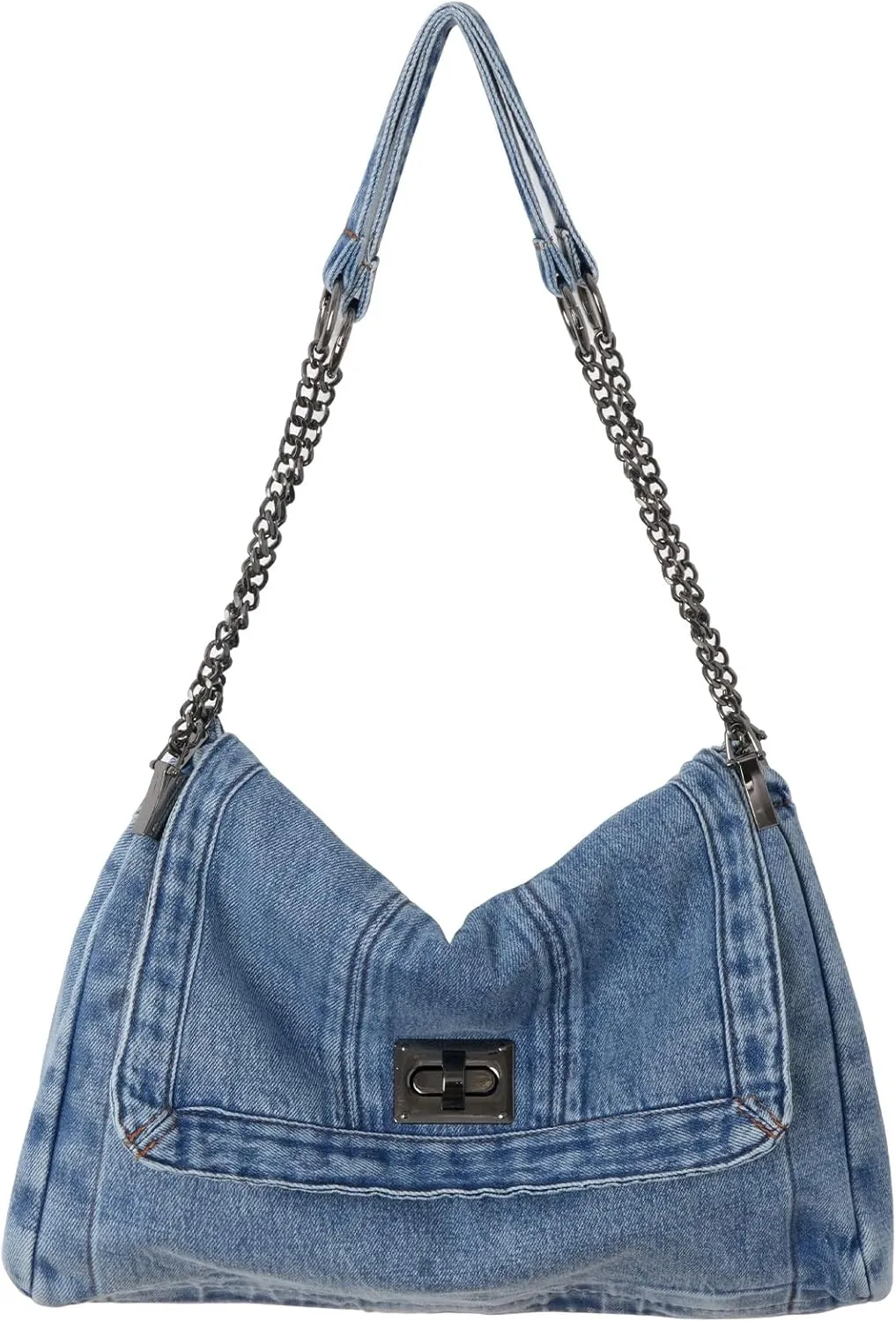 Denim Tote Bag for Women Vintage Hobo Purse Large Spacious Adjustable Retro Lock Closure Lightweight Denim Material