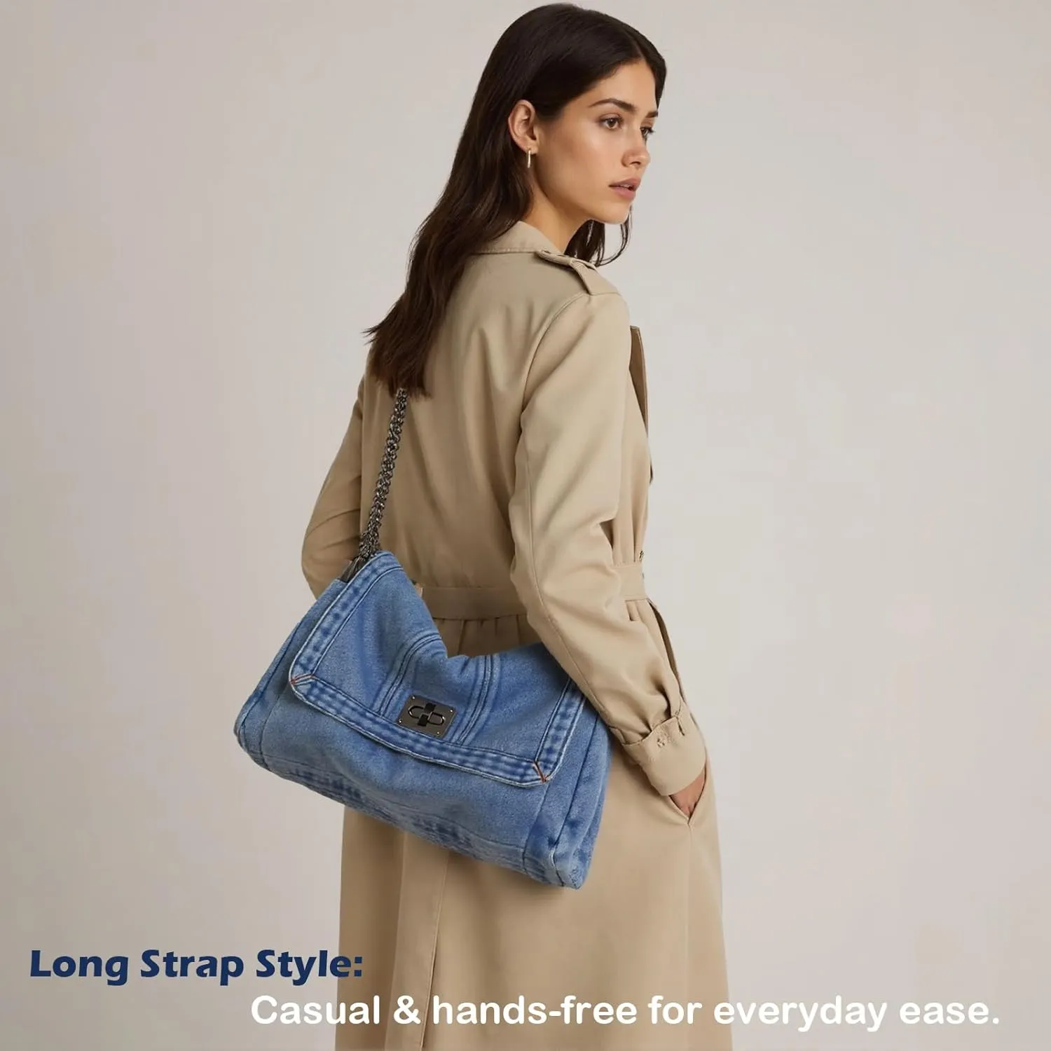 Denim Tote Bag for Women Vintage Hobo Purse Large Spacious Adjustable Retro Lock Closure Lightweight Denim Material