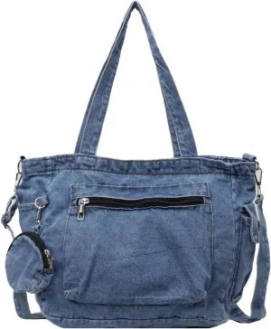 Denim Tote Bag, Large Capacity Jean Purses for Women Denim Crossbody Handbags with Small Purse