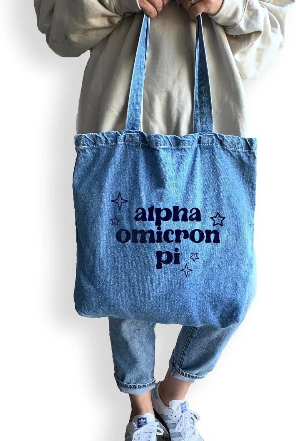 Denim Tote Bag - Retro Vibe Sorority Tote with Name and Stars Design