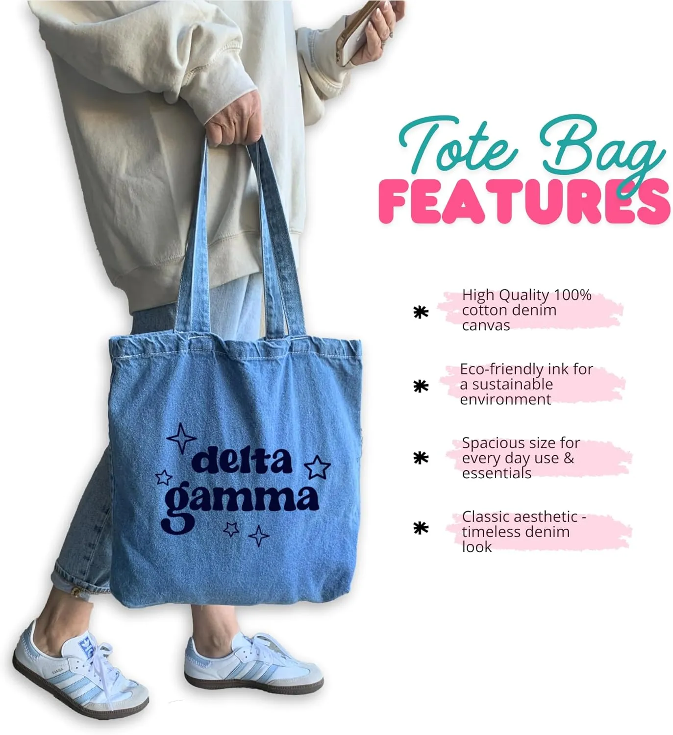 Denim Tote Bag - Retro Vibe Sorority Tote with Name and Stars Design