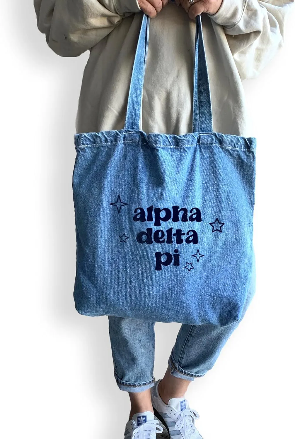 Denim Tote Bag - Retro Vibe Sorority Tote with Name and Stars Design