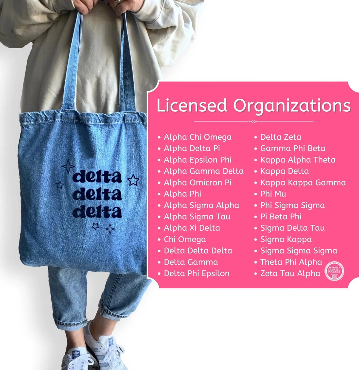 Denim Tote Bag - Retro Vibe Sorority Tote with Name and Stars Design