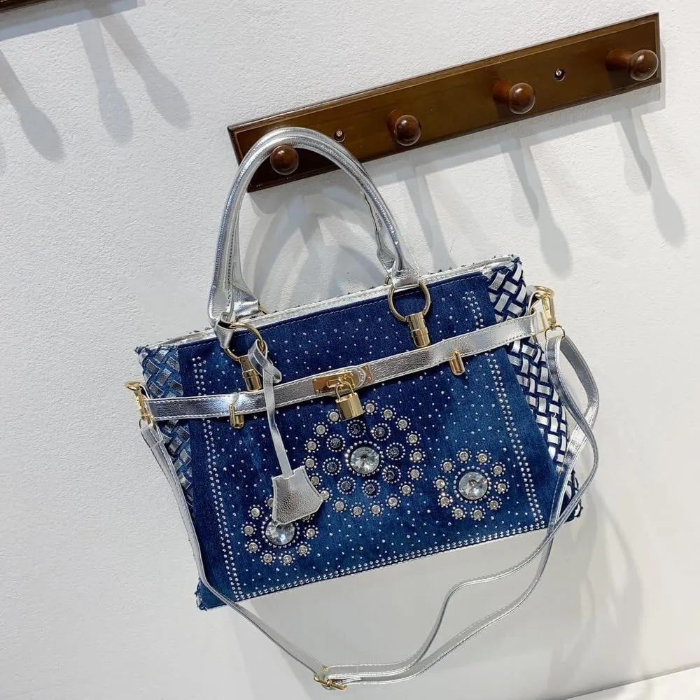 Denim Women Handbag Large Capacity Jean Tote Bag Shoulder Bags Fashion Bling Crystal Diamond Bag Crossbody Bag