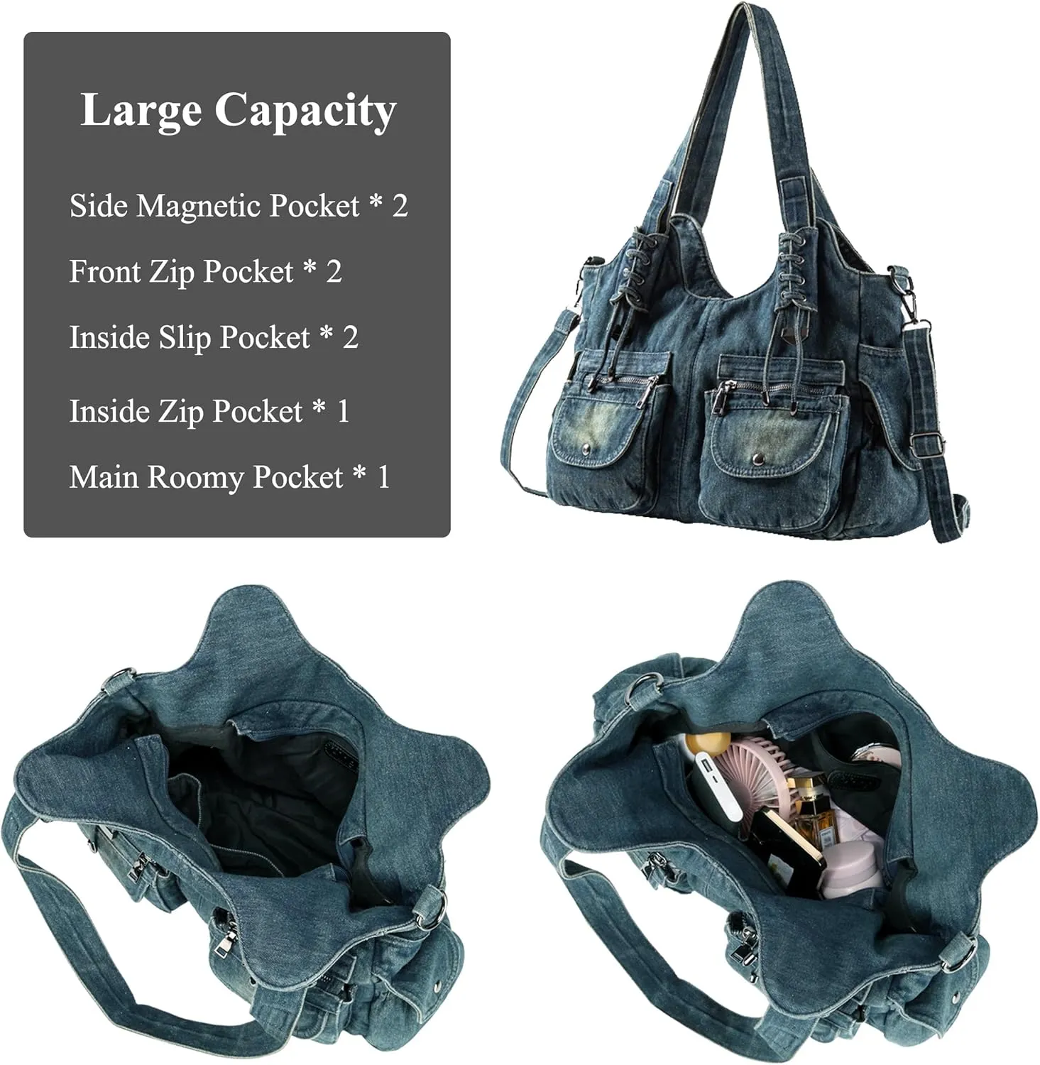 Designer Denim Handbags for Women Hobo Tote Bag Crossbody Denim Purses Blue Jean Shoulder Bag