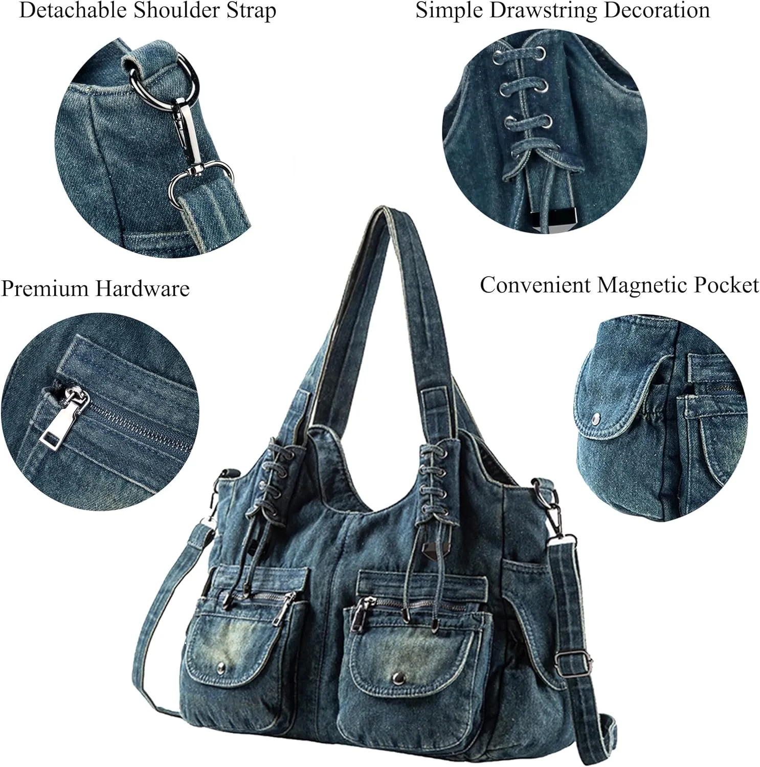 Designer Denim Handbags for Women Hobo Tote Bag Crossbody Denim Purses Blue Jean Shoulder Bag