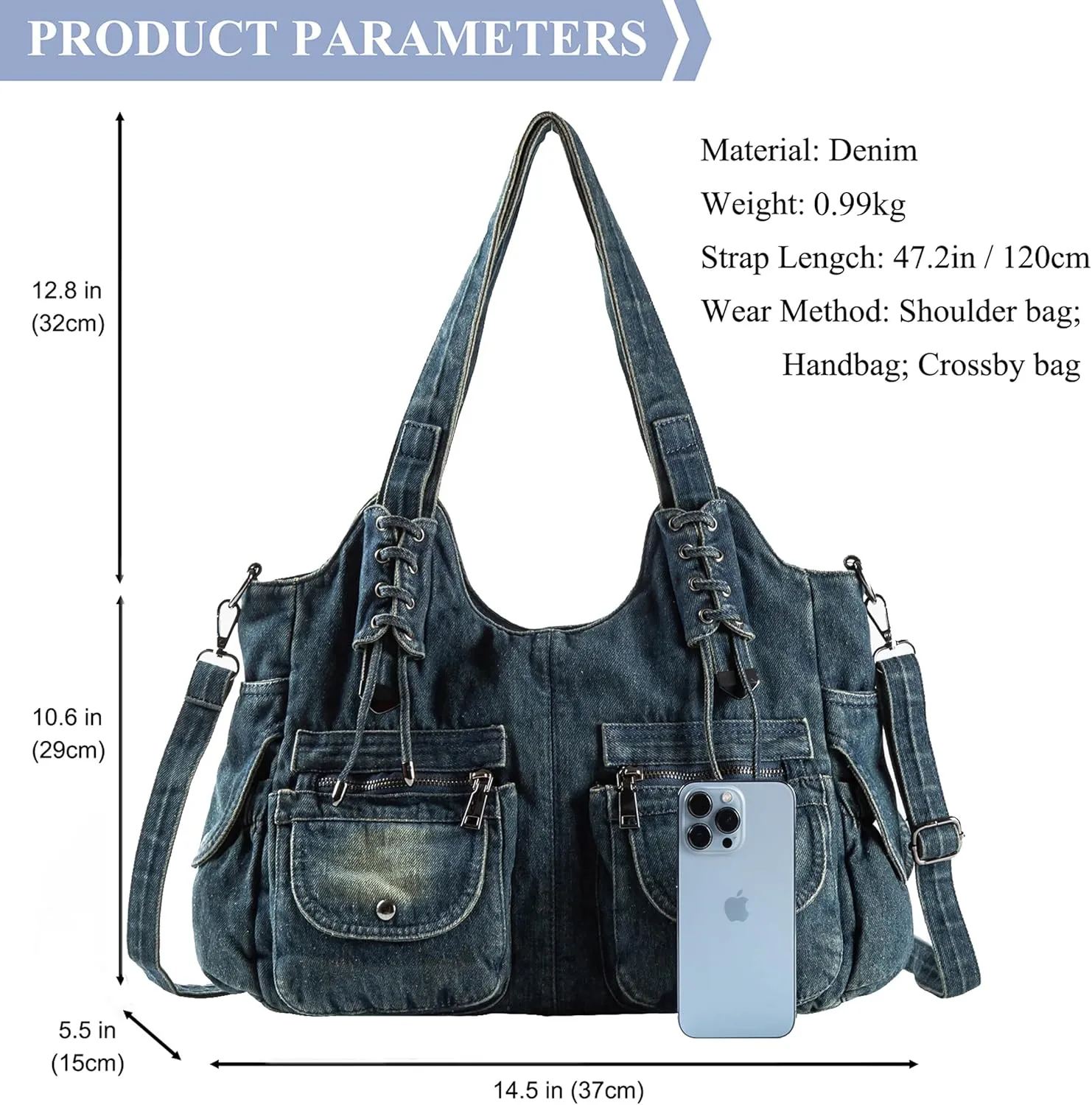 Designer Denim Handbags for Women Hobo Tote Bag Crossbody Denim Purses Blue Jean Shoulder Bag