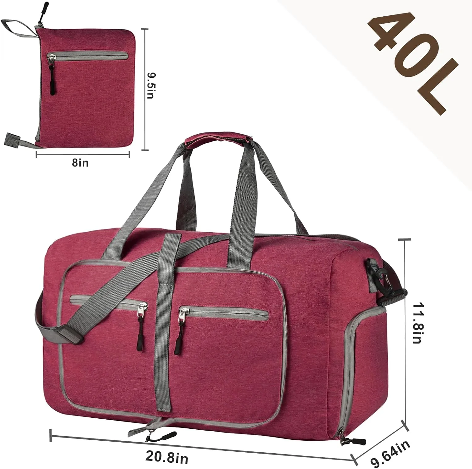 Dimayar 40L Travel Duffle Bag - Foldable Duffel Bag with Shoes Compartment - Overnight Bags Waterproof & Tear Resistant(Red)
