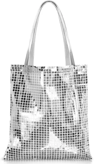 Disco Sequin Tote Bag 1980s Party Silver Glitter Bachelorette Gift Reusable Grocery Shopping Shoulder Bags for Retro 70s 80s 90s Disco Wedding Bridal Shower Party Favors,15.75 x 14.96 Inches