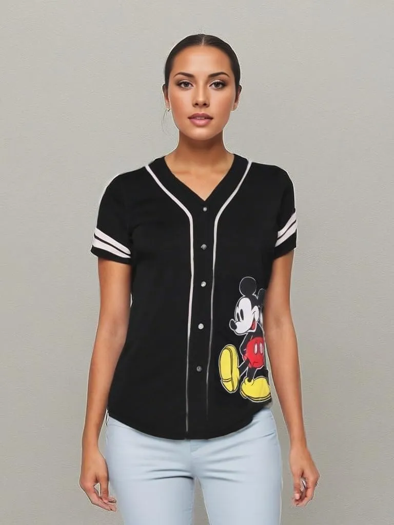 Disney Ladies Mickey Mouse Fashion Shirt - Mickey & Minnie Mouse Baseball Jersey Mickey Mouse Button Down Baseball Jersey
