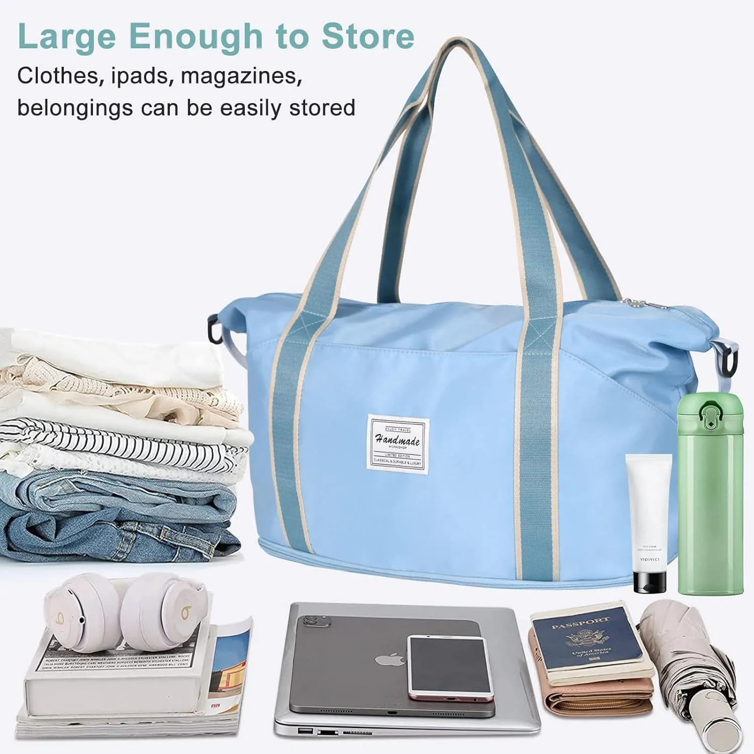 DMLuna Travel Duffel Bag, Tote Sports Gym Bag, Shoulder Overnight Weekender Bag for Women & Men, Hospital bag, Expandable Duffel Bag with Trolley Sleeve/Wet Pocket