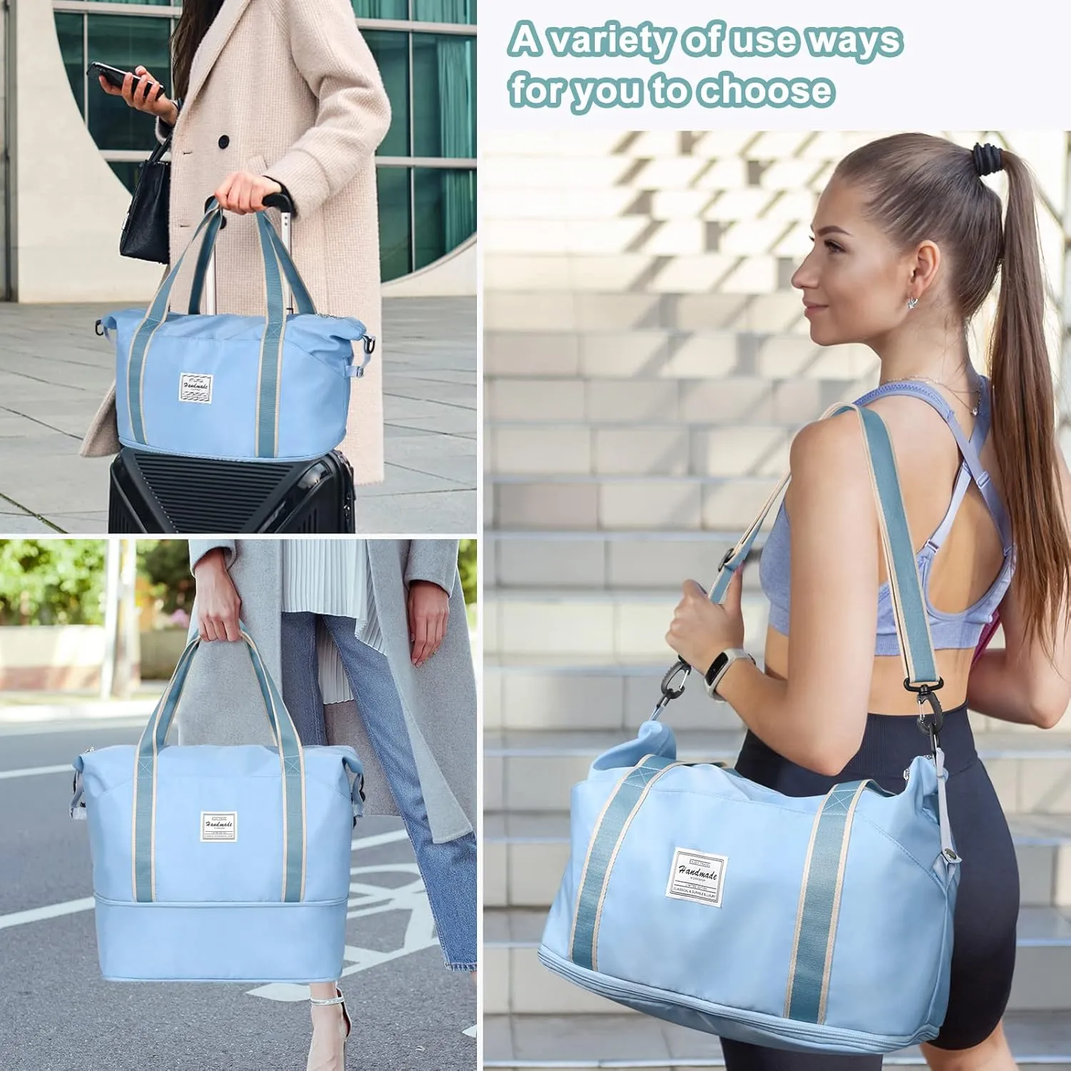 DMLuna Travel Duffel Bag, Tote Sports Gym Bag, Shoulder Overnight Weekender Bag for Women & Men, Hospital bag, Expandable Duffel Bag with Trolley Sleeve/Wet Pocket