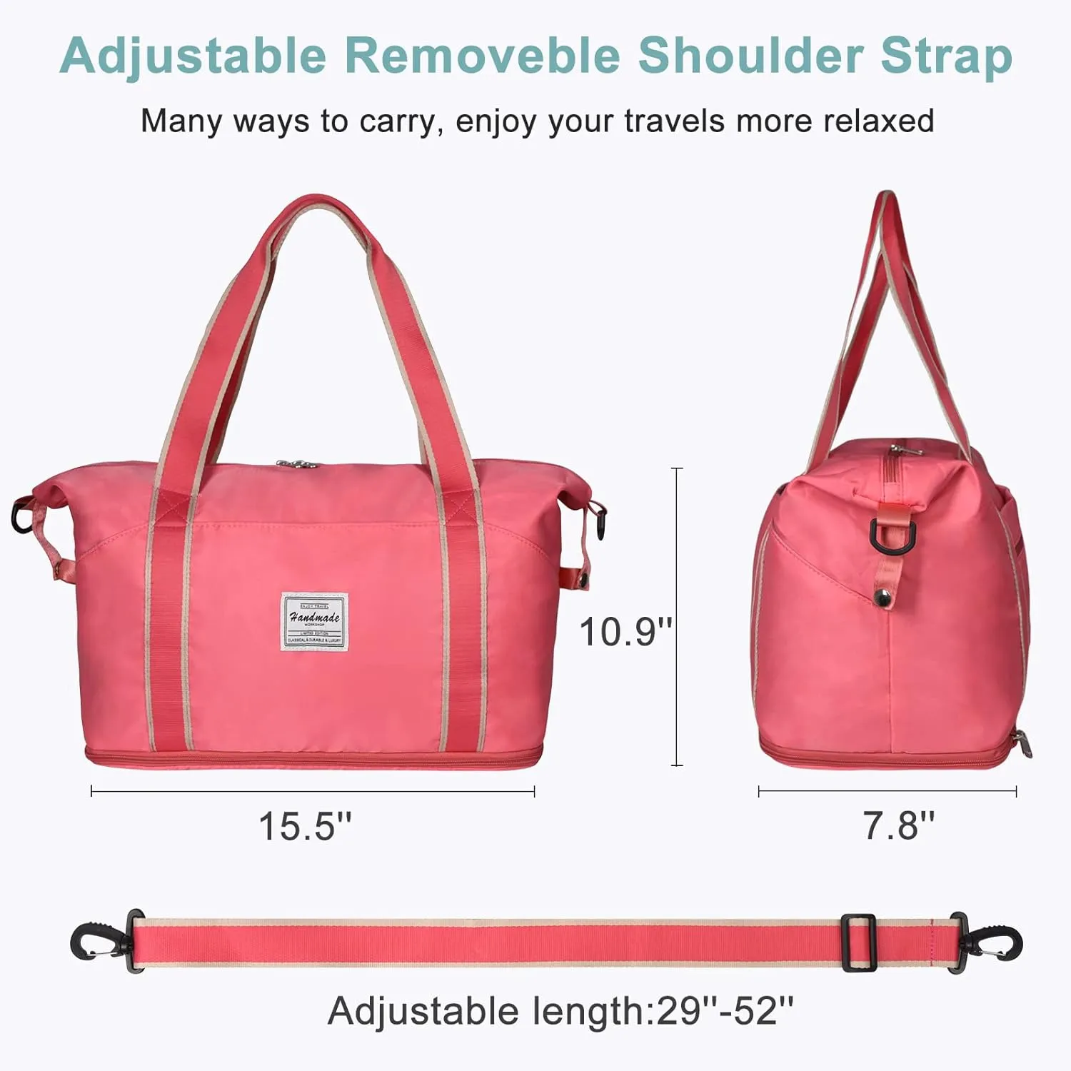 DMLuna Travel Duffel Bag, Tote Sports Gym Bag, Shoulder Overnight Weekender Bag for Women & Men, Hospital bag, Expandable Duffel Bag with Trolley Sleeve/Wet Pocket