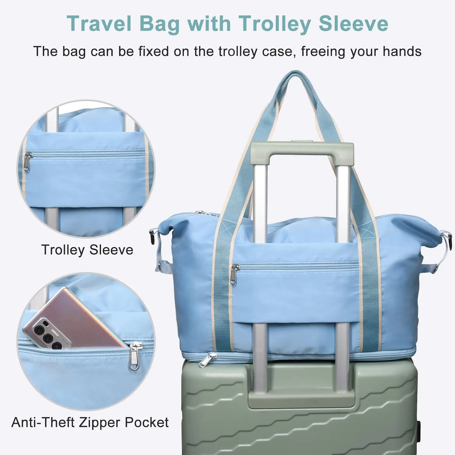 DMLuna Travel Duffel Bag, Tote Sports Gym Bag, Shoulder Overnight Weekender Bag for Women & Men, Hospital bag, Expandable Duffel Bag with Trolley Sleeve/Wet Pocket