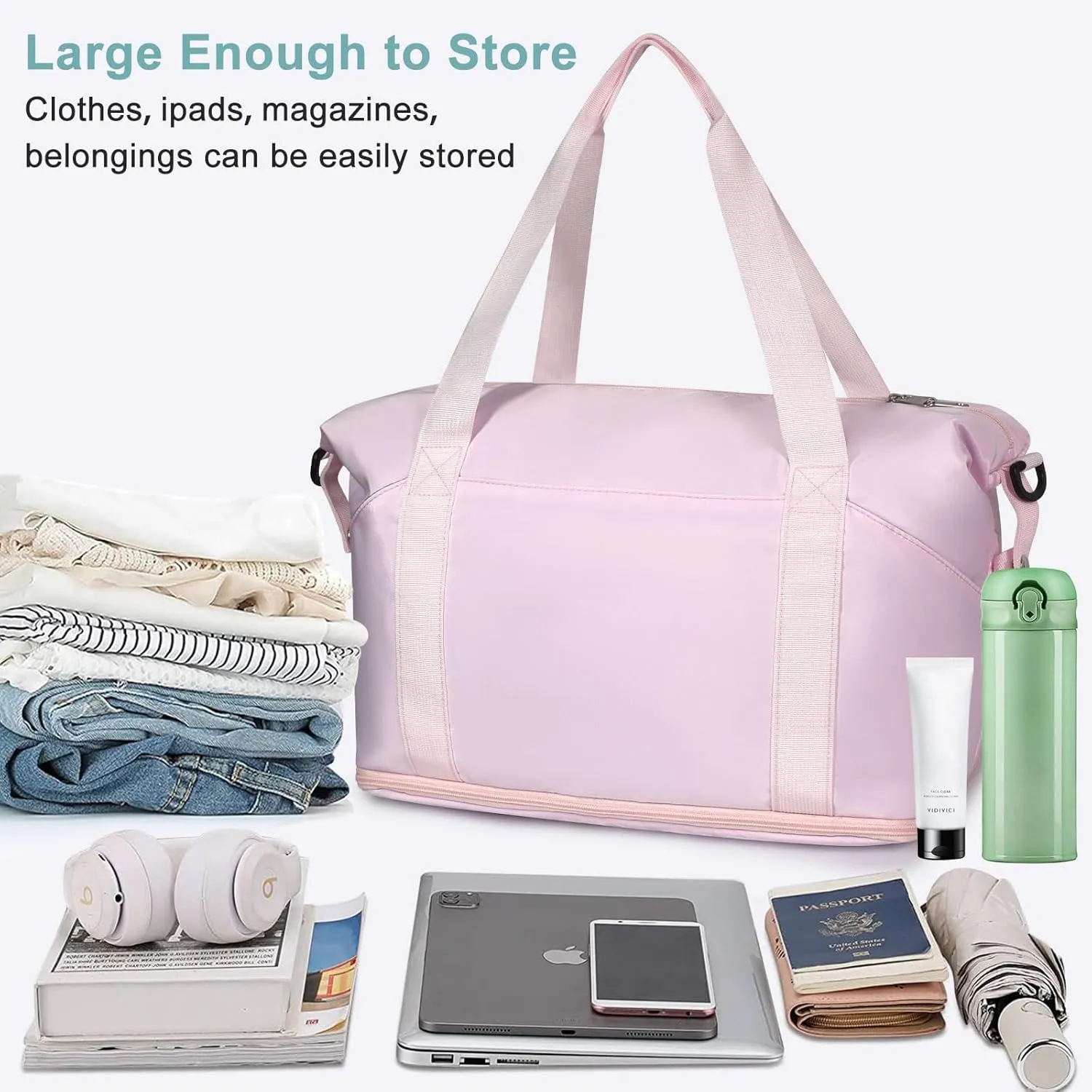 DMLuna Travel Duffel Bag, Tote Sports Gym Bag, Shoulder Overnight Weekender Bag for Women & Men, Hospital bag, Expandable Duffel Bag with Trolley Sleeve/Wet Pocket