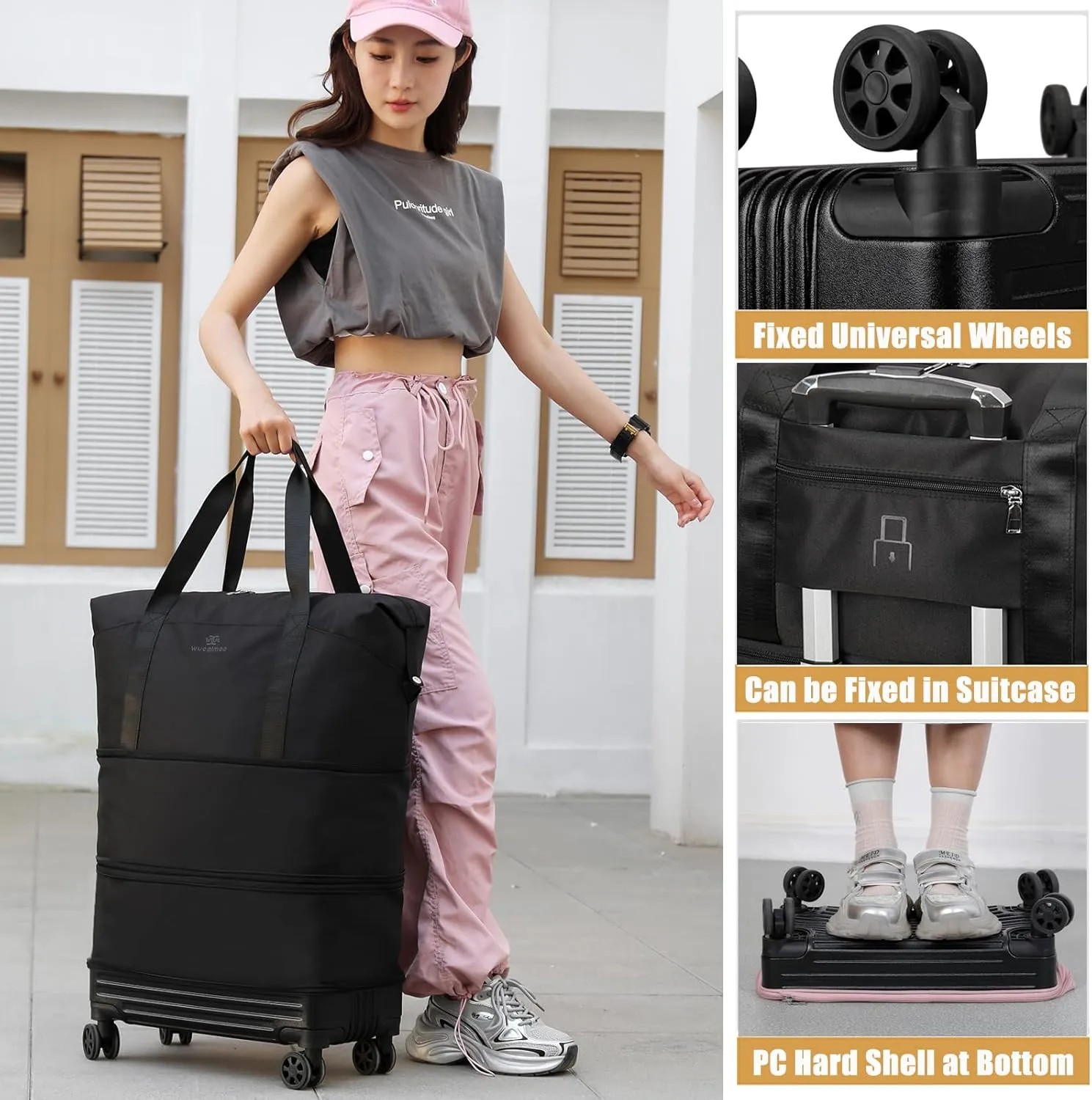DOJUNS Duffle Bag with Wheels,Foldable Duffle Bag for Travel,Large Suitcases with Wheels,Foldable Travel Bag,Expandable Luggage,Carry on Luggage for Women Men (Black)