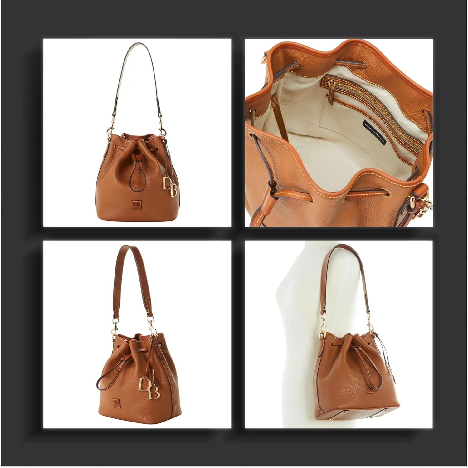 Dooney & Bourke Women's Drawstring in Pebble Grain Leather, Large Sized Handbag with Drawstring Closure, Brown Tomorrow