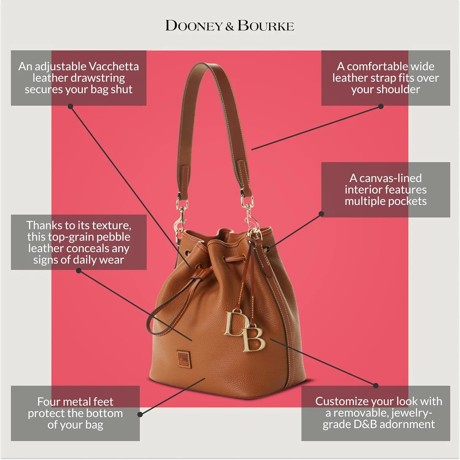 Dooney & Bourke Women's Drawstring in Pebble Grain Leather, Large Sized Handbag with Drawstring Closure, Brown Tomorrow