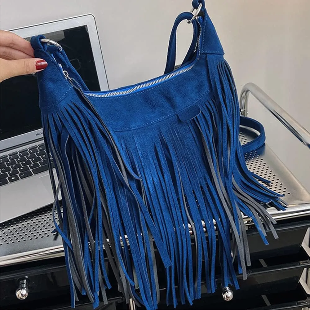 Downupdown Fringe Crossbody Bag for Women Vintage Suede Hobo Purse Handbags Shoulder Bag Bohemian Messenger Bags Zip Satchel