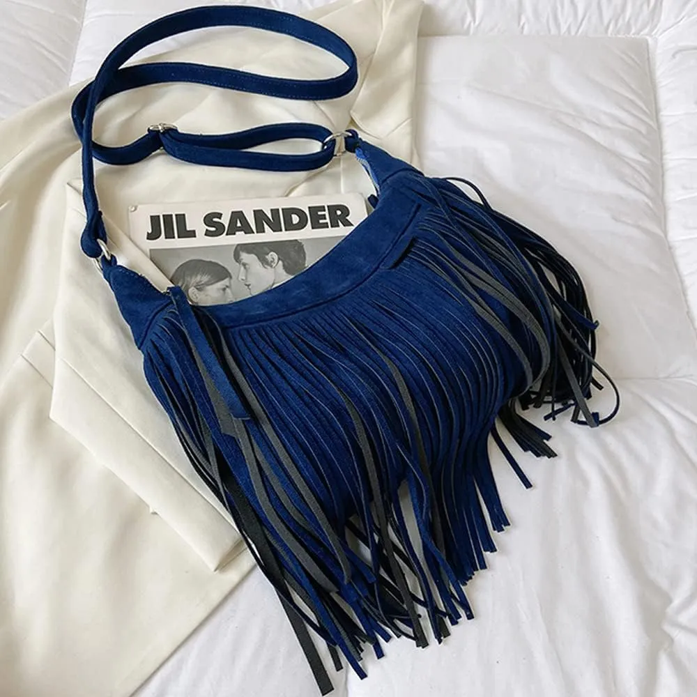 Downupdown Fringe Crossbody Bag for Women Vintage Suede Hobo Purse Handbags Shoulder Bag Bohemian Messenger Bags Zip Satchel