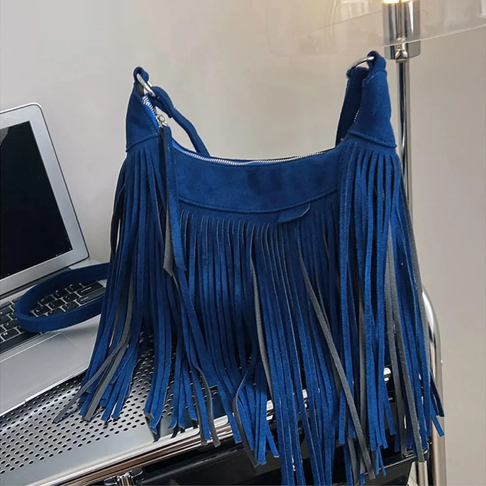 Downupdown Fringe Crossbody Bag for Women Vintage Suede Hobo Purse Handbags Shoulder Bag Bohemian Messenger Bags Zip Satchel