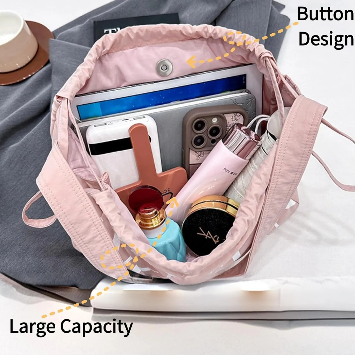 Drawstring Denim Slouch Bag with Snap Button Canvas Shoulder Handbag Travel Holiday Everyday Purse for Women