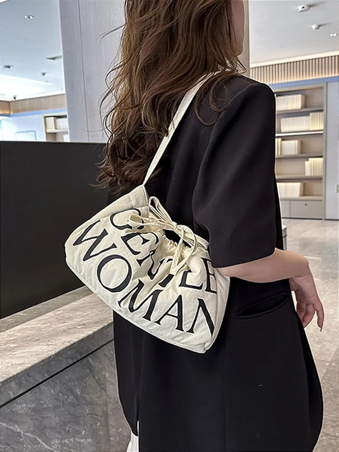 Drawstring Denim Slouch Bag with Snap Button Canvas Shoulder Handbag Travel Holiday Everyday Purse for Women