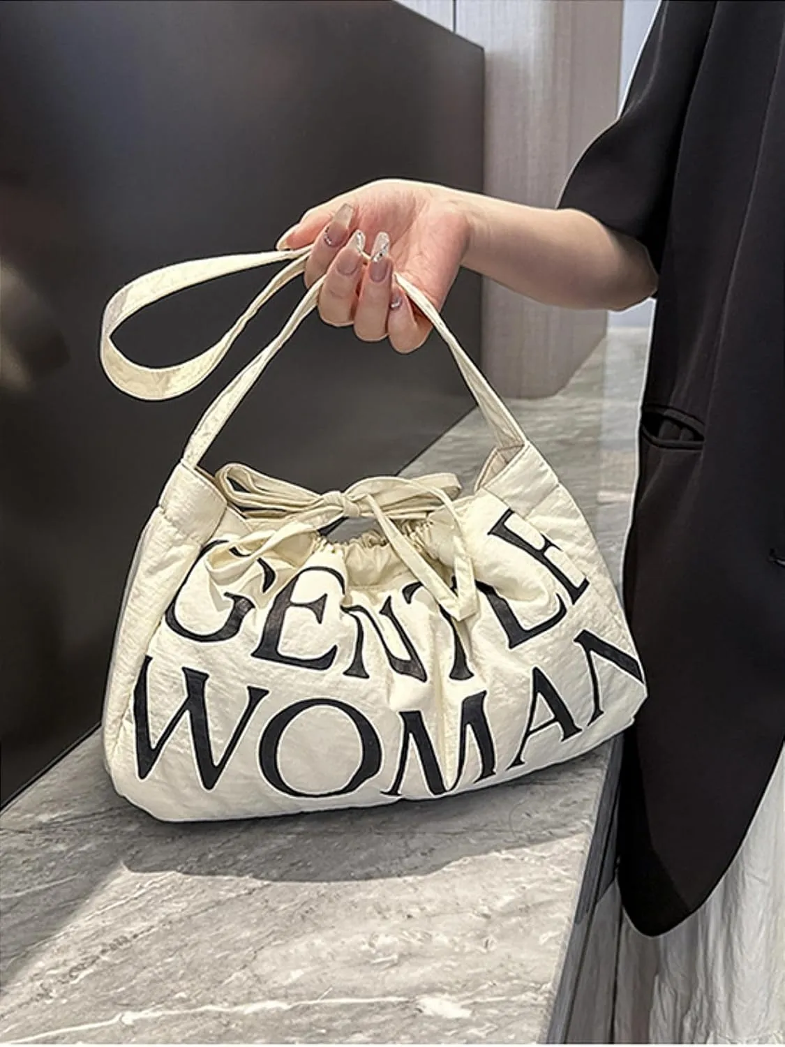 Drawstring Denim Slouch Bag with Snap Button Canvas Shoulder Handbag Travel Holiday Everyday Purse for Women