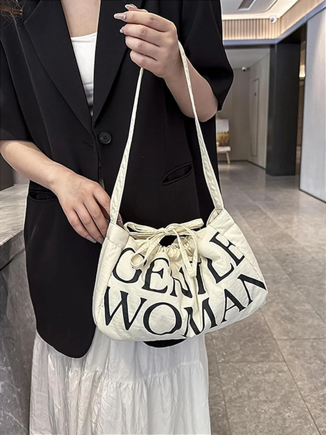 Drawstring Denim Slouch Bag with Snap Button Canvas Shoulder Handbag Travel Holiday Everyday Purse for Women