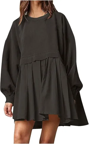 Dresses for Women 2024 Casual Fall Long Sleeve Patchwork Sweatshirt Dress Loose Flowy Swing Mini Dress Preppy Clothes