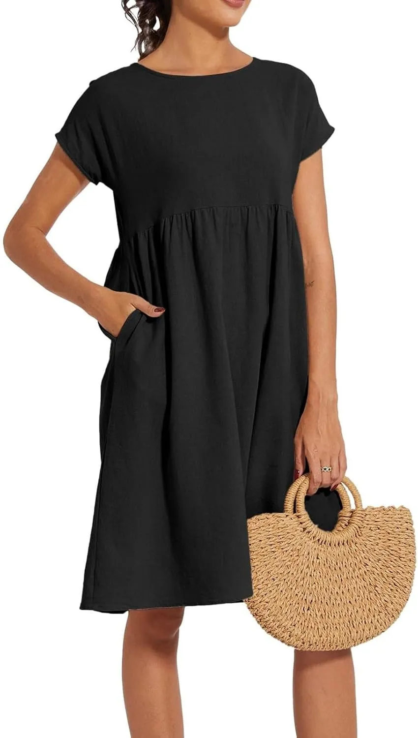 Dresses That Hide Tummy Bulge Women's Solid Ruched Waist A-Line Midi Dress with Stretchy Fabric