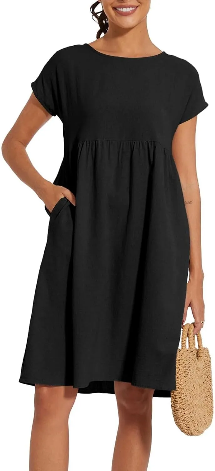 Dresses That Hide Tummy Bulge Women's Solid Ruched Waist A-Line Midi Dress with Stretchy Fabric