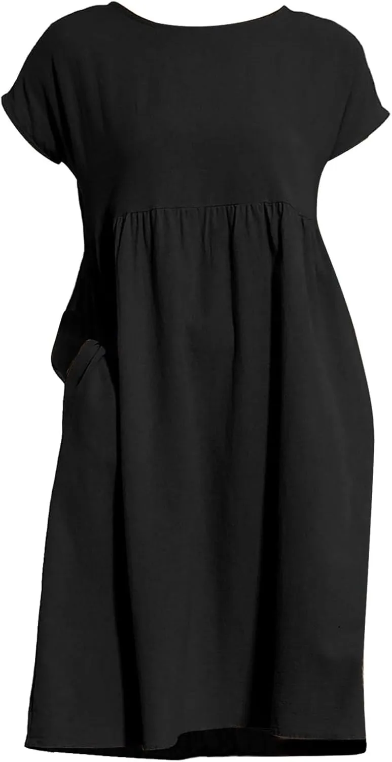 Dresses That Hide Tummy Bulge Women's Solid Ruched Waist A-Line Midi Dress with Stretchy Fabric