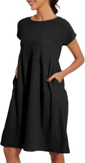 Dresses That Hide Tummy Bulge Women's Solid Ruched Waist A-Line Midi Dress with Stretchy Fabric