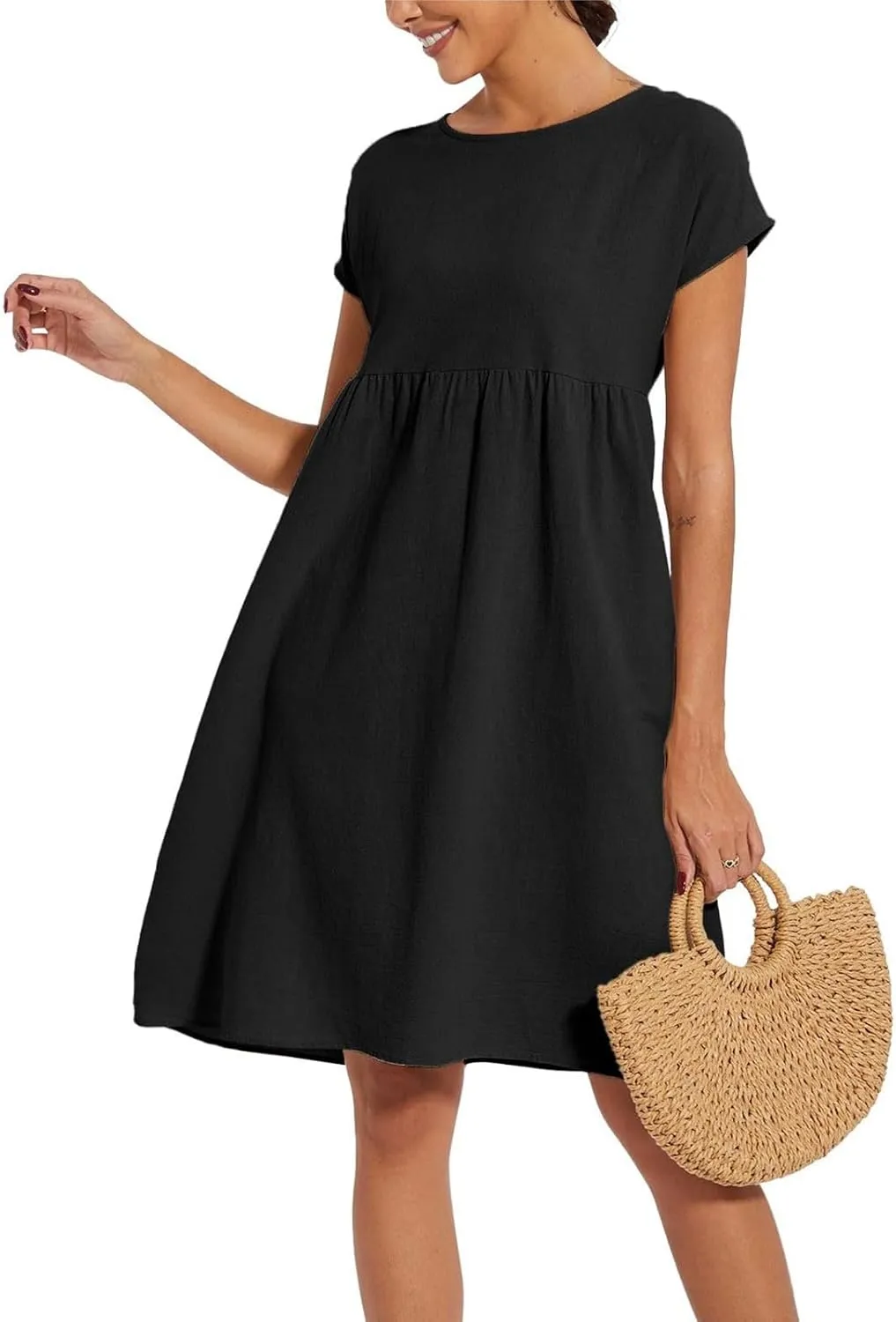 Dresses That Hide Tummy Bulge Women's Solid Ruched Waist A-Line Midi Dress with Stretchy Fabric