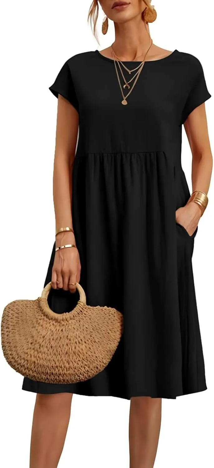 Dresses That Hide Tummy Bulge Women's Solid Ruched Waist A-Line Midi Dress with Stretchy Fabric